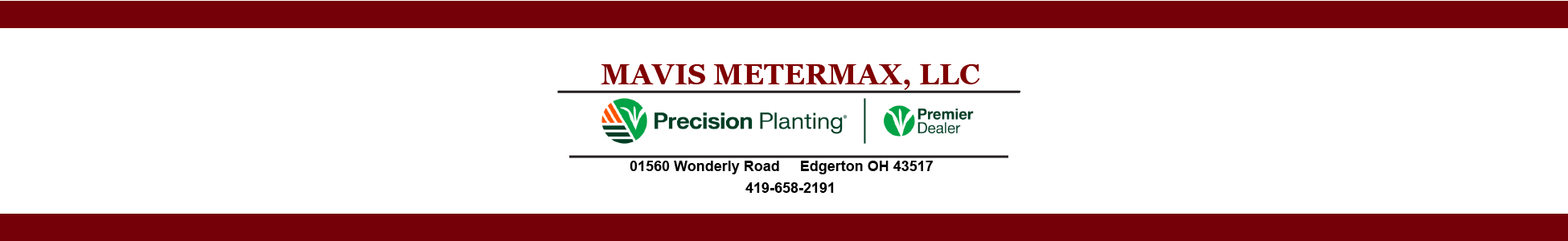 Mavis MeterMax contact information and logo. Address is 01560 Wonderly Road Edgerton, Ohio 43517. Phone is 419-658-2191